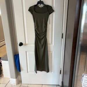 Wallflower Stretchy Olive Midi Dress with Ruched Detail, Cap Sleeves - NWT XXS